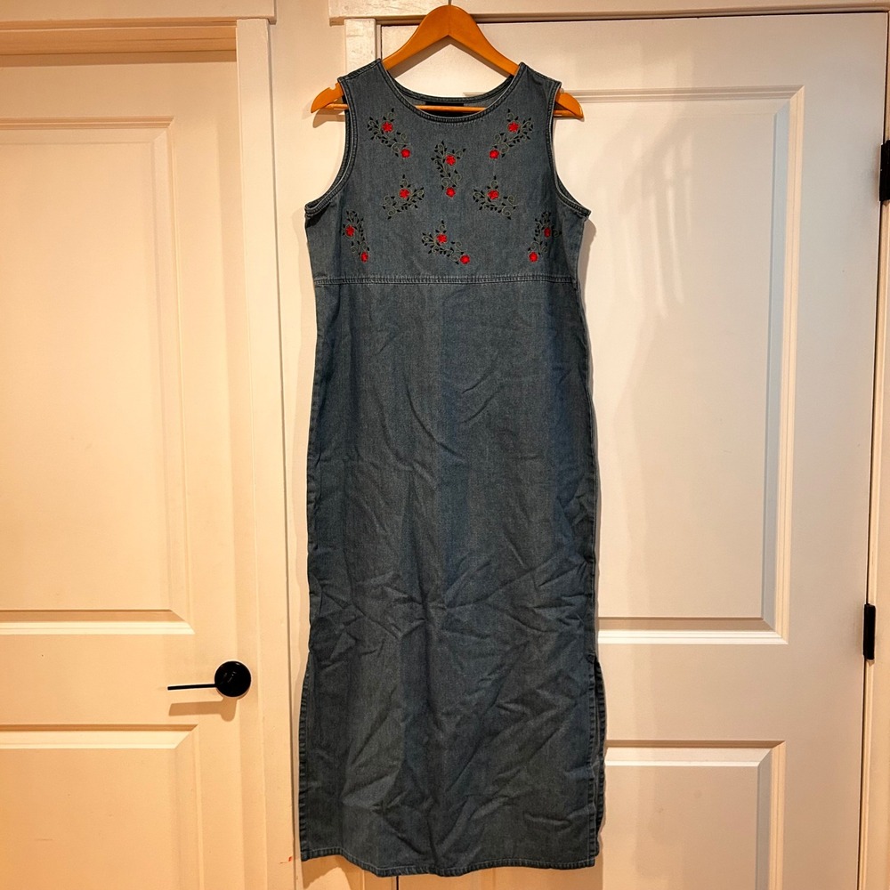 Denim&Co Cottagecore Denim Overall Jumper Dress Embroidered Women Medium Prairie